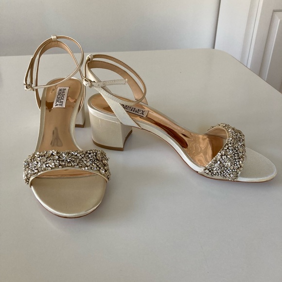 Badgley Mischka Block Heels, Ivory Satin - Picture 2 of 8